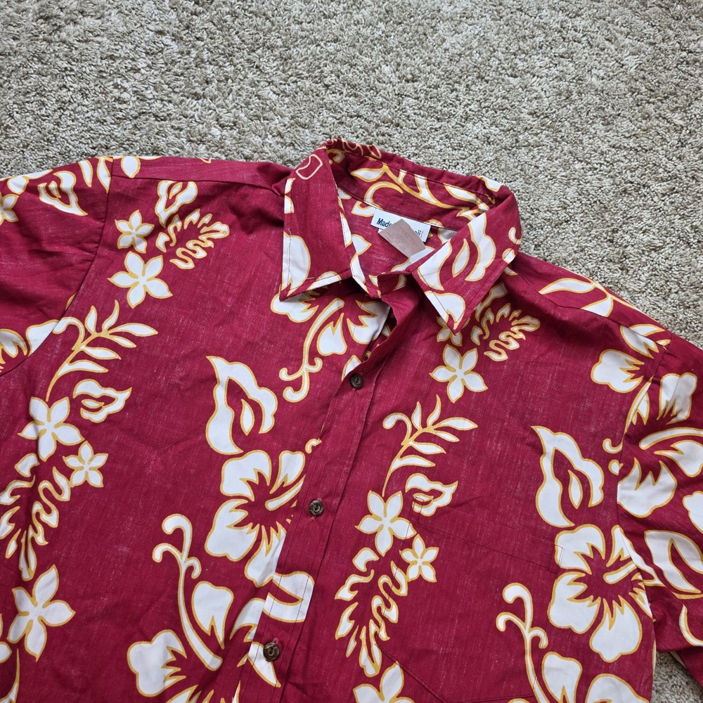VINTAGE Made in Hawaii Aloha Shirt Mens XL Red Hawaiian Camp Floral Cotton 90s